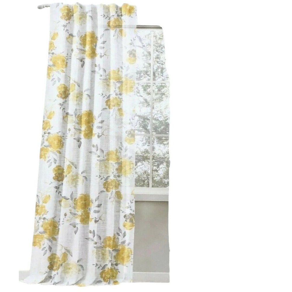 1 Ralph Lauren Yellow Gray Floral 50x84" BELLEISLE Back Tab Window Curtain Panel